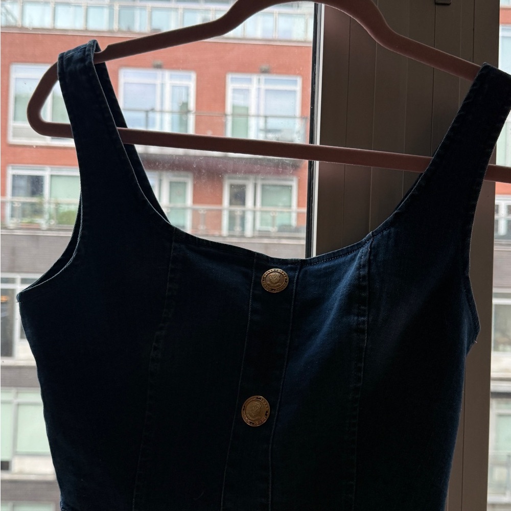 Women’s Dark Blue Denim Overall Top with Gold Buttons